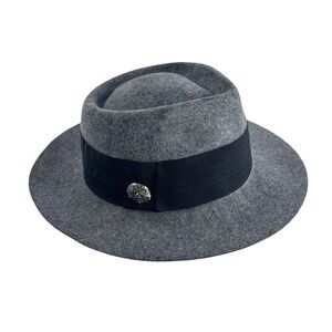 Wool Fedora Hat Mens Grey Black Textured Band Button Wide Brim Western Old Money
